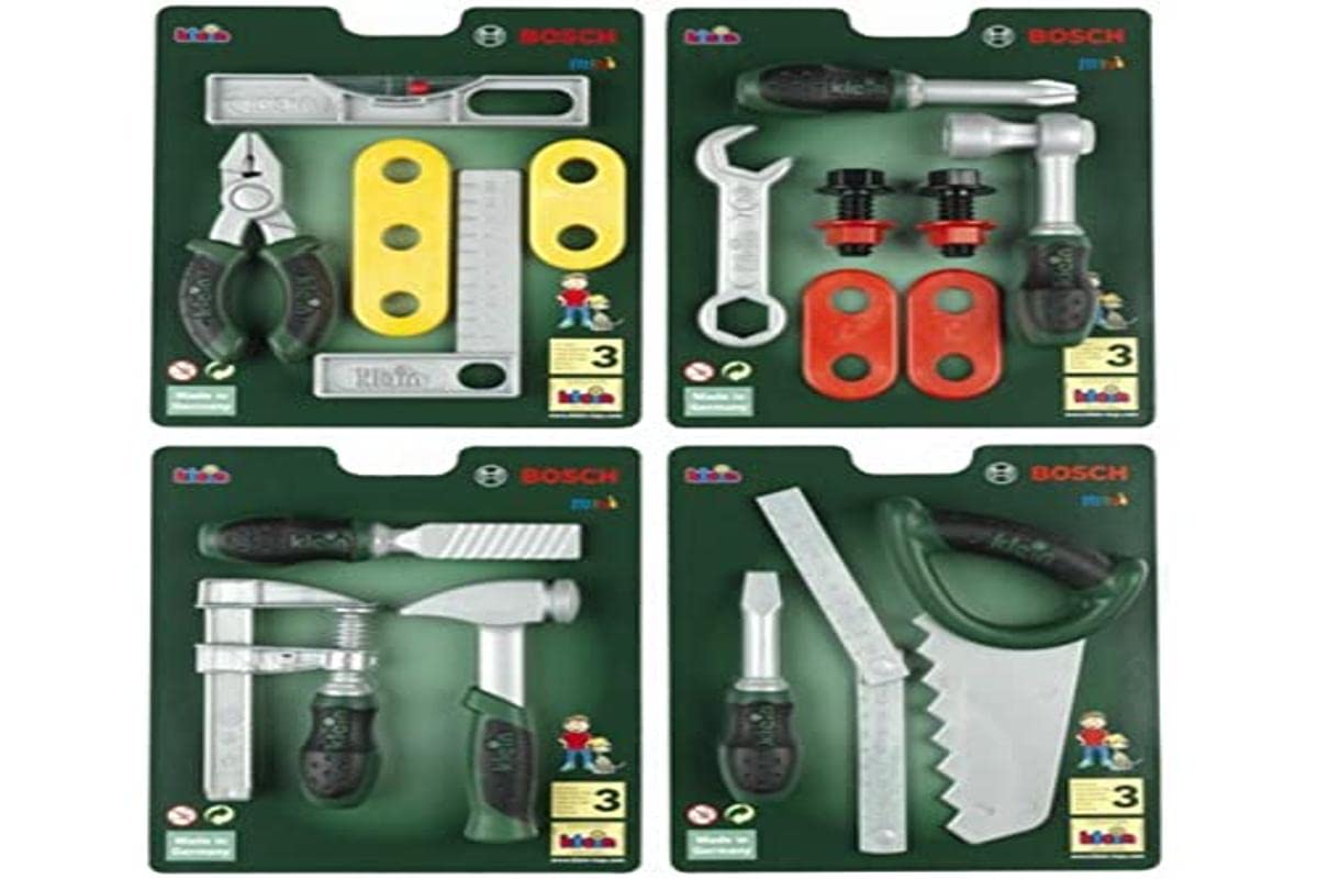 Theo Klein 8007 Bosch Tool Set on card, sorted into 4 parts I Each Set - Random - Per Order with Ideal Children's tool I Toys for Children Aged 3 and over