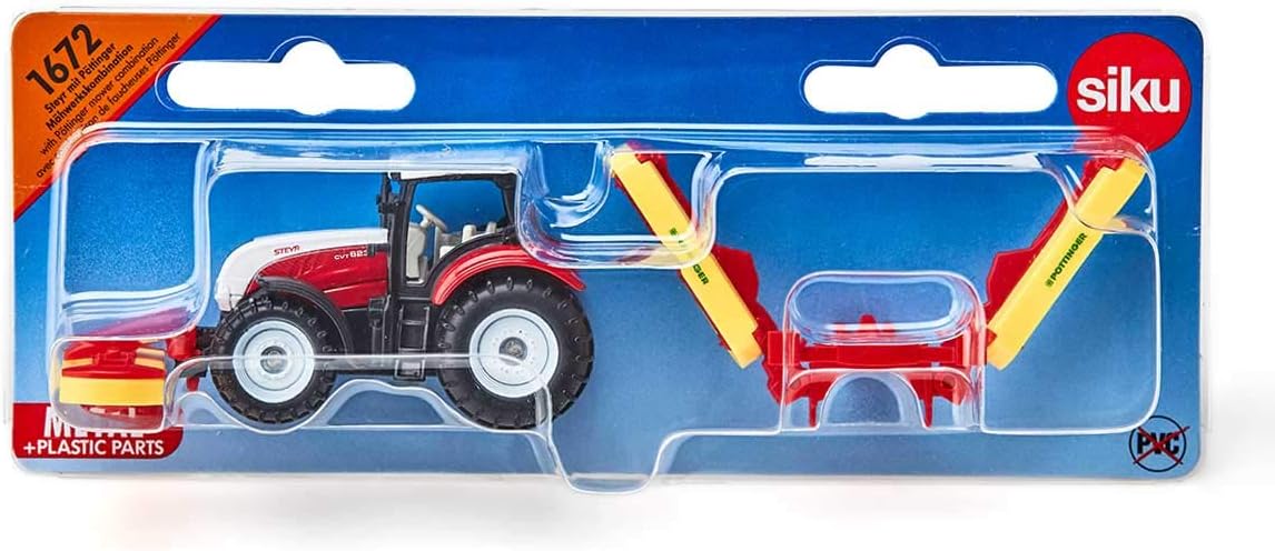 siku 1672, Steyr Tractor with Pöttinger Combination Mower, Metal,Plastic, Red, Toy vehicle for children
