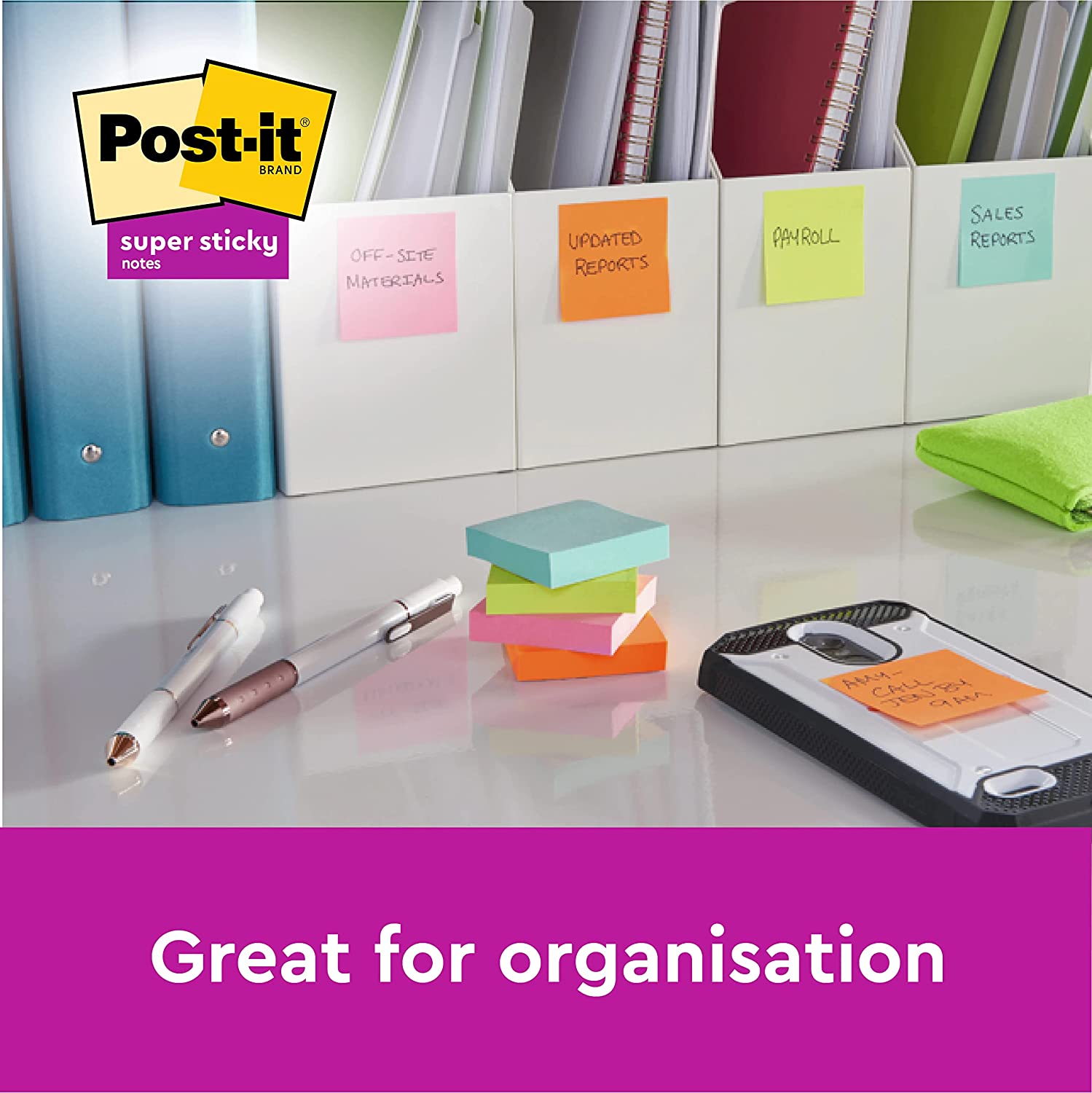 Post-it Notes 76 x 76 mm Super Sticky Notes, Miami Colour Collection, 6 Pads (90 Sheets per pad