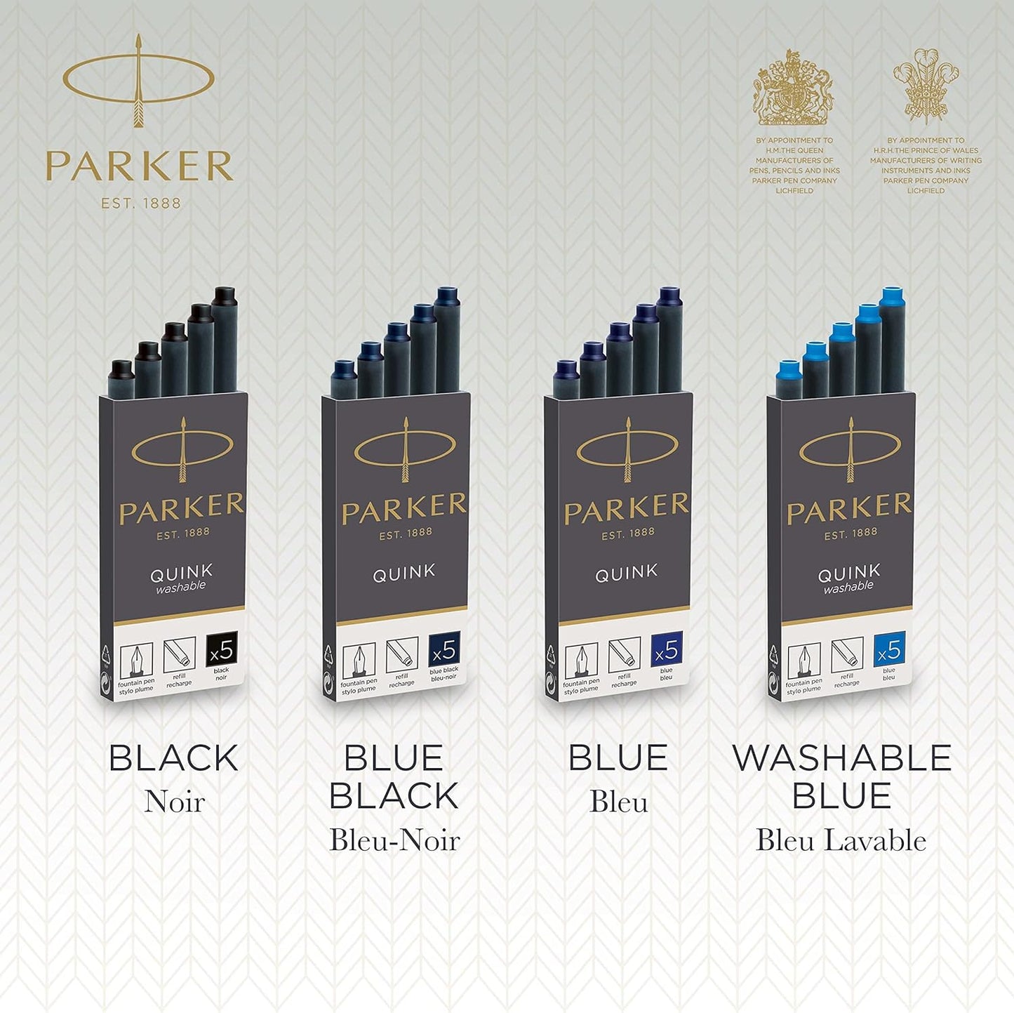 Parker Fountain Pen Ink Refill Cartridges | Long | Washable Blue QUINK Ink | 5 Count
