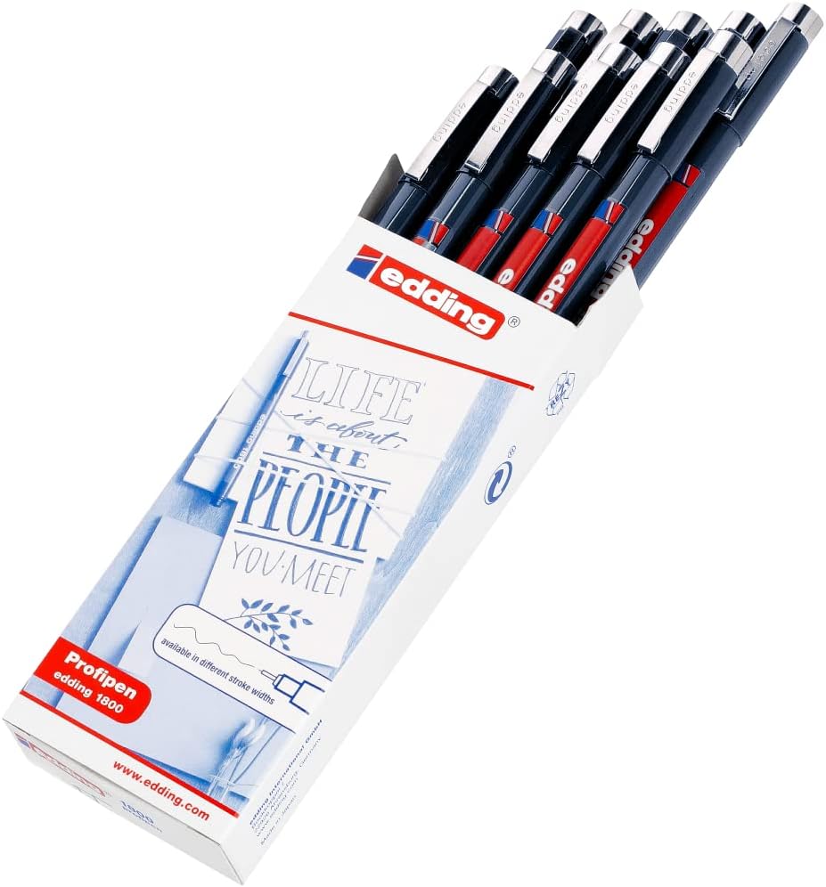 edding 1800 profipen - black - 10 pens - line width 0.5 mm - fineliner pen for precise writing, sketching and technical drawing - fine, metal-encased nib - suitable for use with rulers and stencils