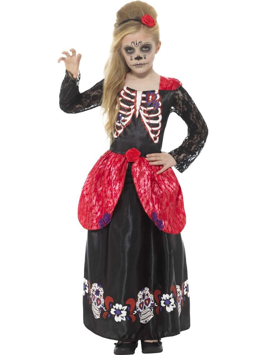 Smiffys Deluxe Day of the Dead Girl Costume, Black with Dress & Headband, Halloween Child Fancy Dress, Child Dress Up Costumes