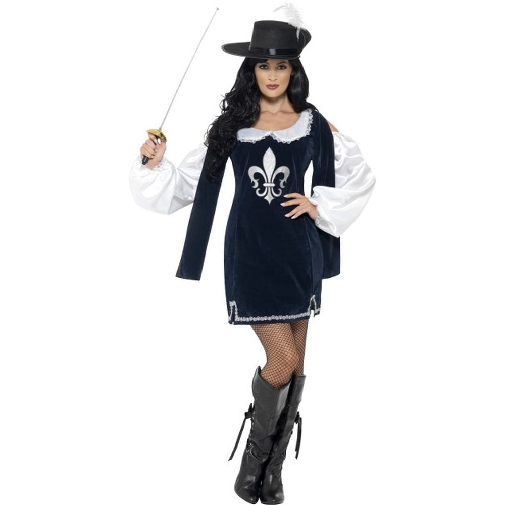 Smiffy's 43416L - Musketier Weibliche Kostüm Navy mit Kleid und Hut