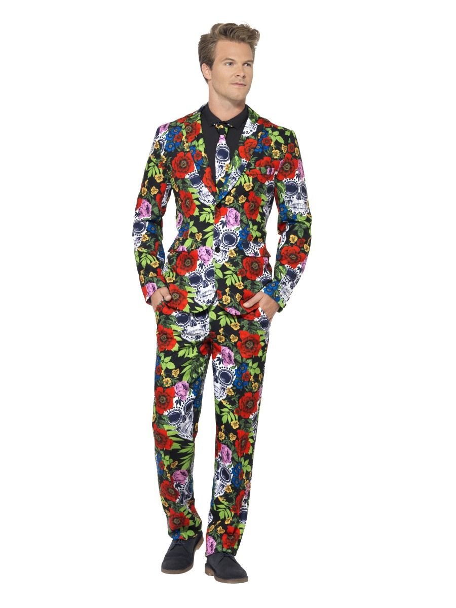Smiffys Day of the Dead Suit, Multi-Coloured with Jacket, Trousers & Tie, Stand Out Suits Fancy Dress, Adult Dress Up Costumes