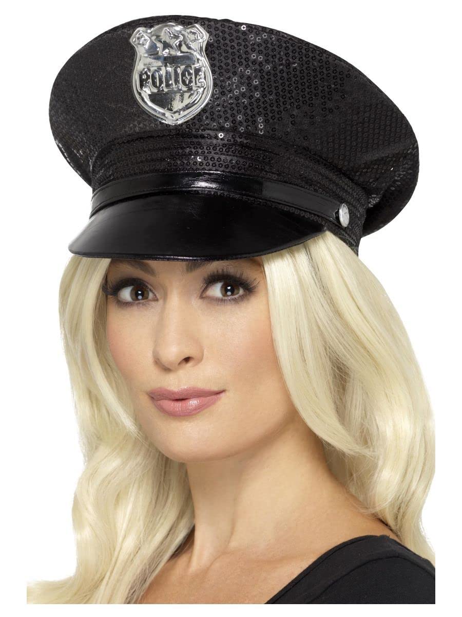 Smiffys Fever Sequin Police Hat, Black