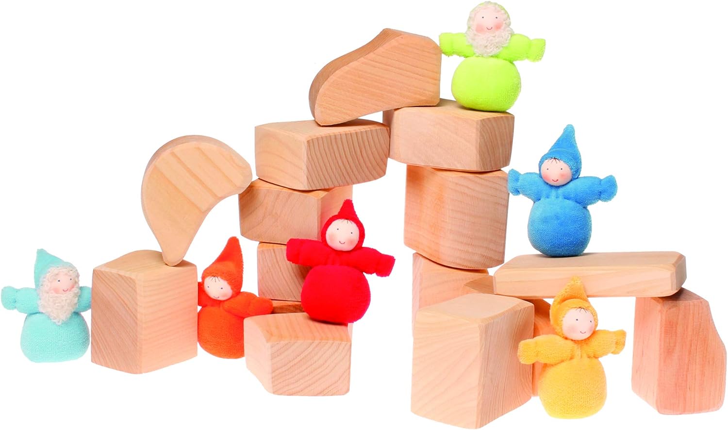 Grimm's Set of Wooden Waldorf Building Blocks in Unique Organic Shapes in Bag, Natural