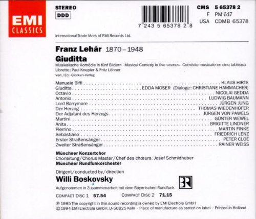Lehar 'Giuditta' Musical Comedy In Five Scenes. Nicolai Gedda Edda Moser Klaus Hirte Et Al.