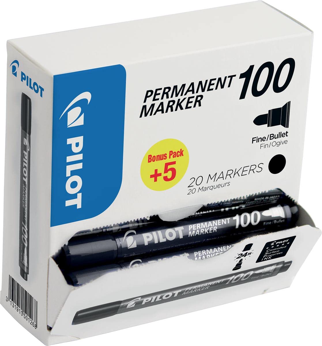 Pilot 100 Series, 4.5mm Bullet Tip Permanent Marker- Black (Box of 20