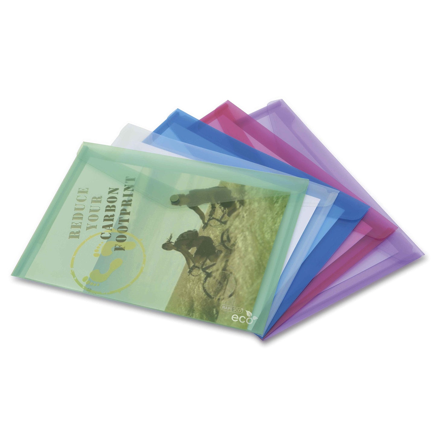 Rapesco 1039 ECO Popper Wallets, A4, Assorted Transparent Colours, Pack of 5
