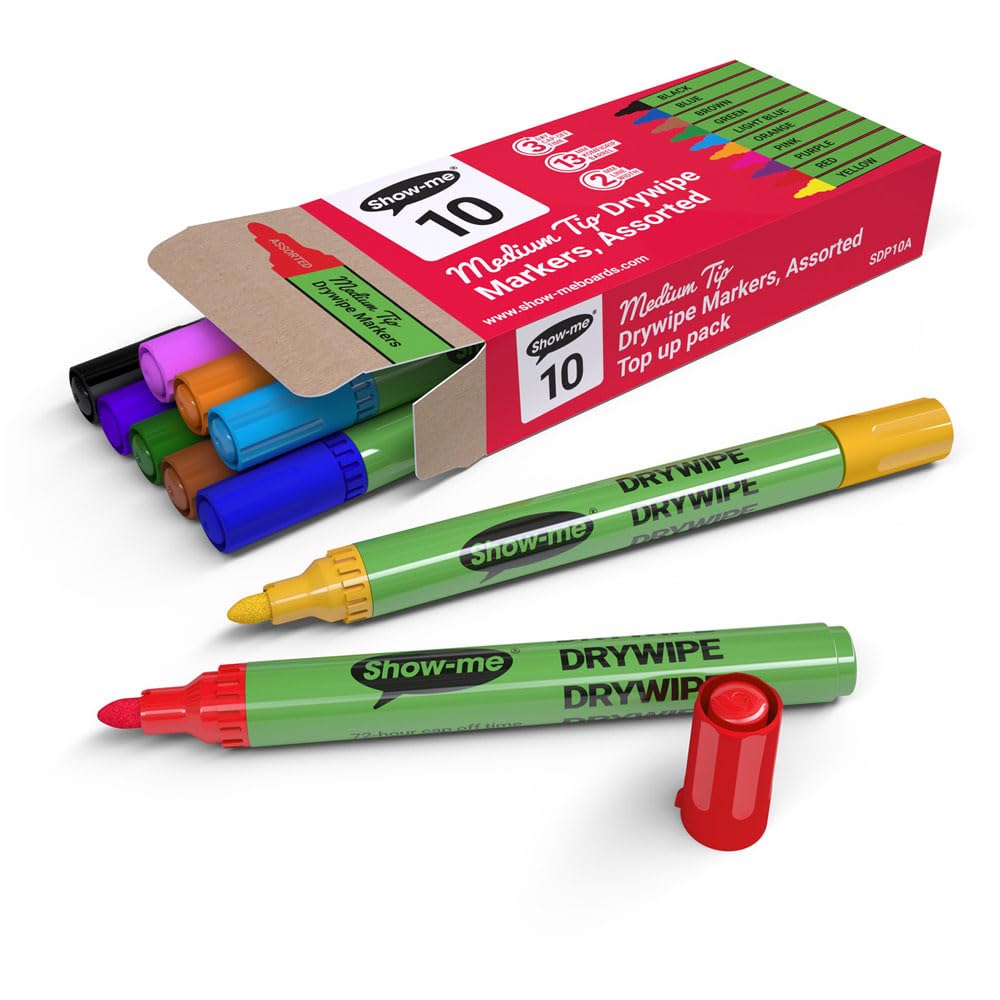 Bullet Tip Dry Wipe Non Permanent White Board Markers Erasable, Assorted Colour Marker Pens, Teacher Stationary, Washable Whiteboard Pens, Pack of 10 Pens