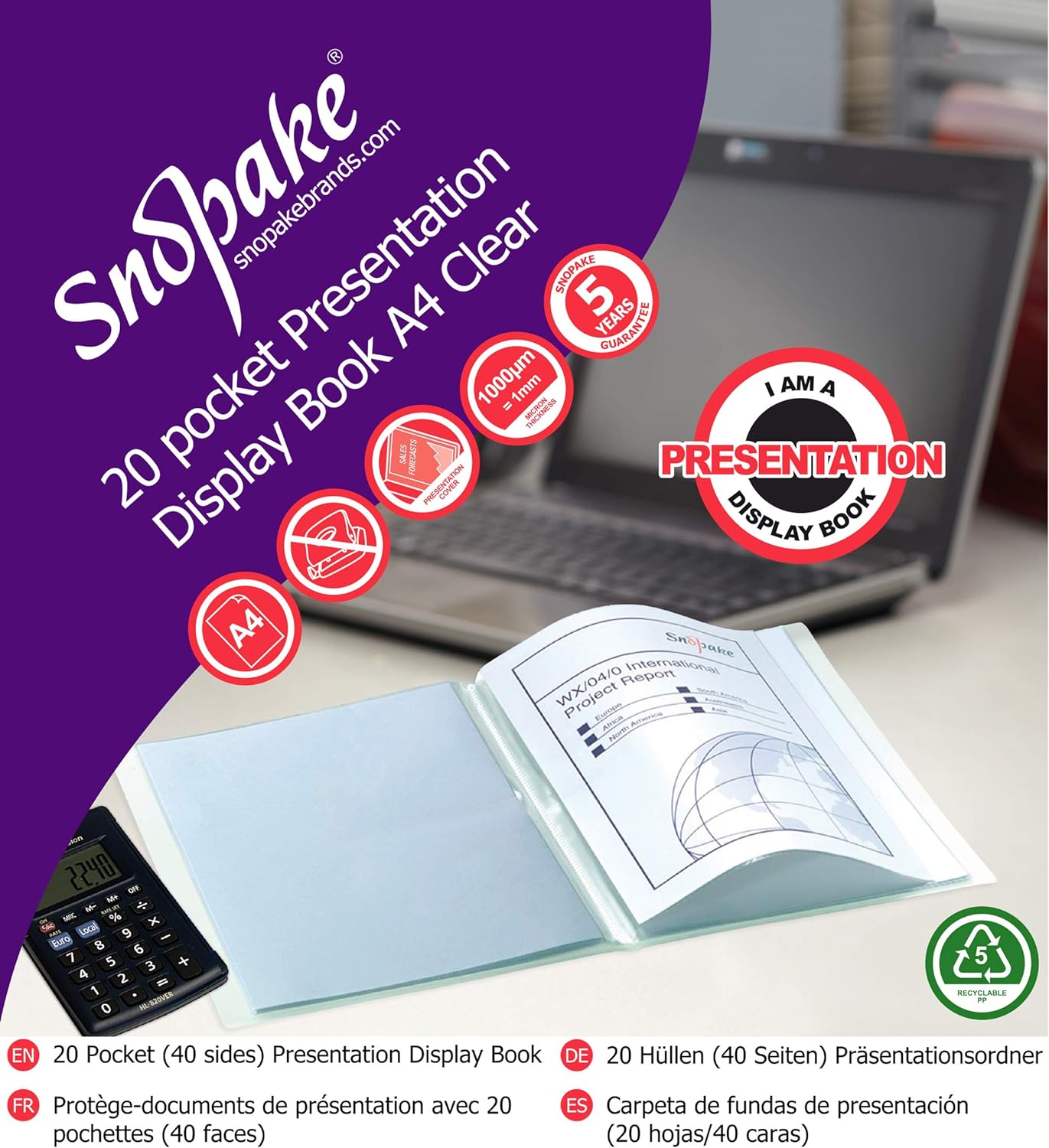 Snopake A4 Presentation Display Book 20 Pockets – Clear Ref: 11951 Clear A4 - 20 Pocket