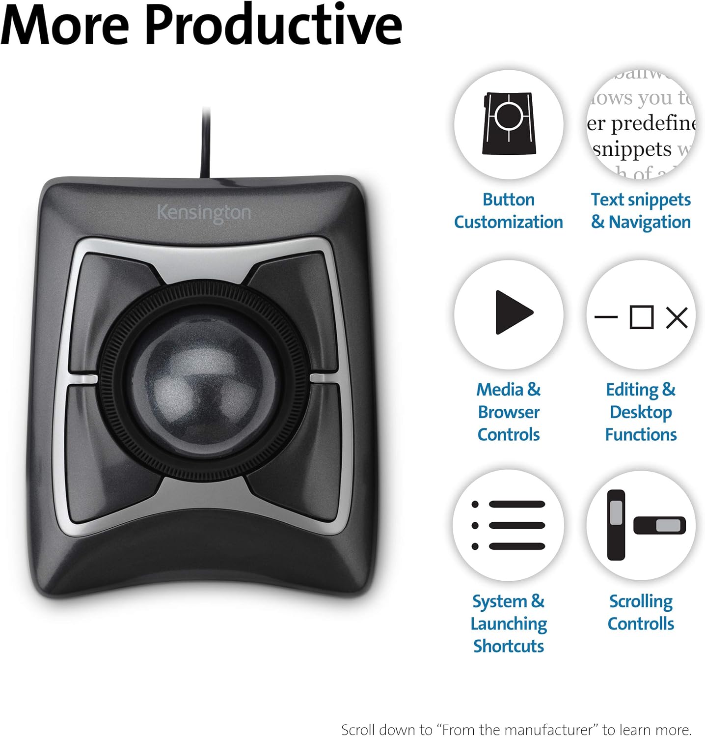 Kensington Expert Mouse - Wired Ergonomic TrackBall Mouse for PC, Mac and Windows with Scroll Ring, Ambidextrous Design and Optical Tracking - Grey (64325