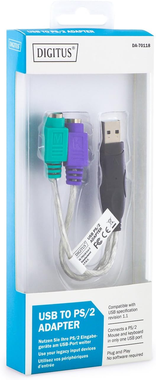 DIGITUS USB zu PS/2 Adapter - Maus & Tastaur Adapter - USB Typ-A Stecker zu 2X Mini-Din 6 Buchse - Win 10 - Plug & Play (Packung mit 3