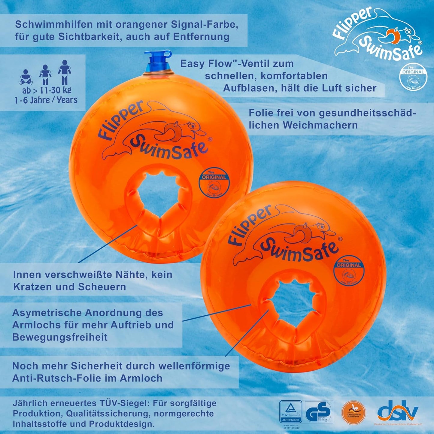 Flipper Swimsafe 1010 - Armbands for babies from 12 months, safe swimming aid with unbreakable PE foam core for learning to swim
