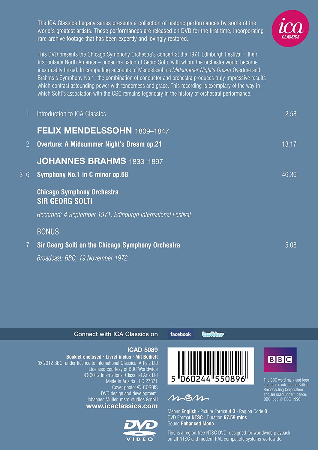 Mendelssohn/ Brahms: Solti (Symphony No. 1/ Midsummer) (Chicago Symphony Orchestra/ Sir Georg Solti) (ICA Classics: ICAD 5089)