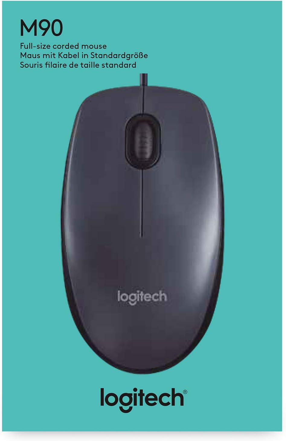 Logitech M90 Maus mit Kabel, 1000 DPI Sensor, USB-Anschluss, 3 Tasten, Für Links- und Rechtshänder, PC/Mac - Grau - Deutsche Verpackung