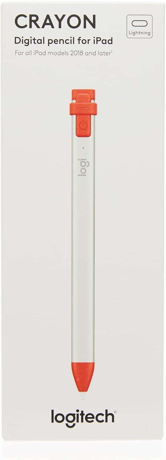 Logitech Crayon Digital Pencil for all iPads (2018 releases and later) with Apple Pencil technology, anti-roll design, and dynamic smart tip - Silver/Orange