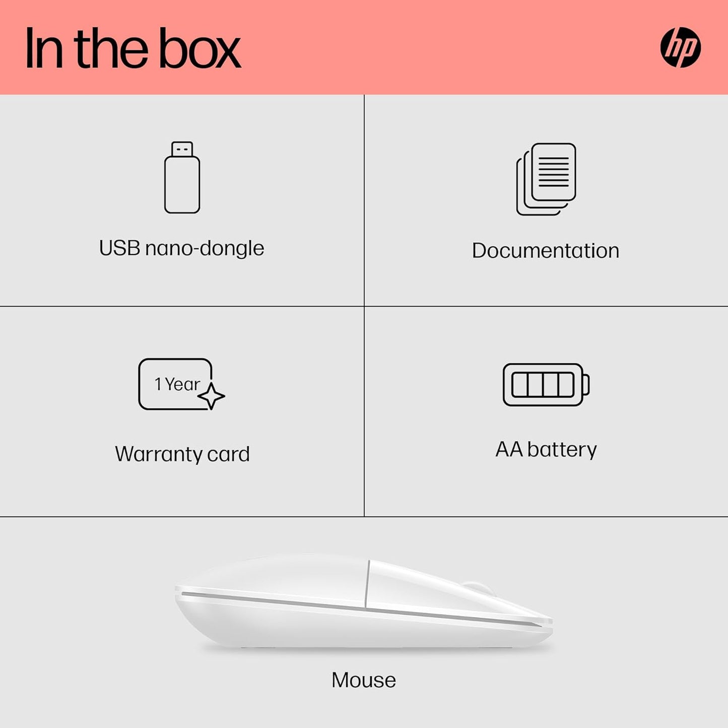 HP Z3700 Wireless Mouse, White, Slim, Multi-OS & Device Compatibility, 2.4 GHZ Connectivity, Multi-Surface Technology, Blue LED 1200 dpi Optical Sensor, Up to 16 Months Battery Life