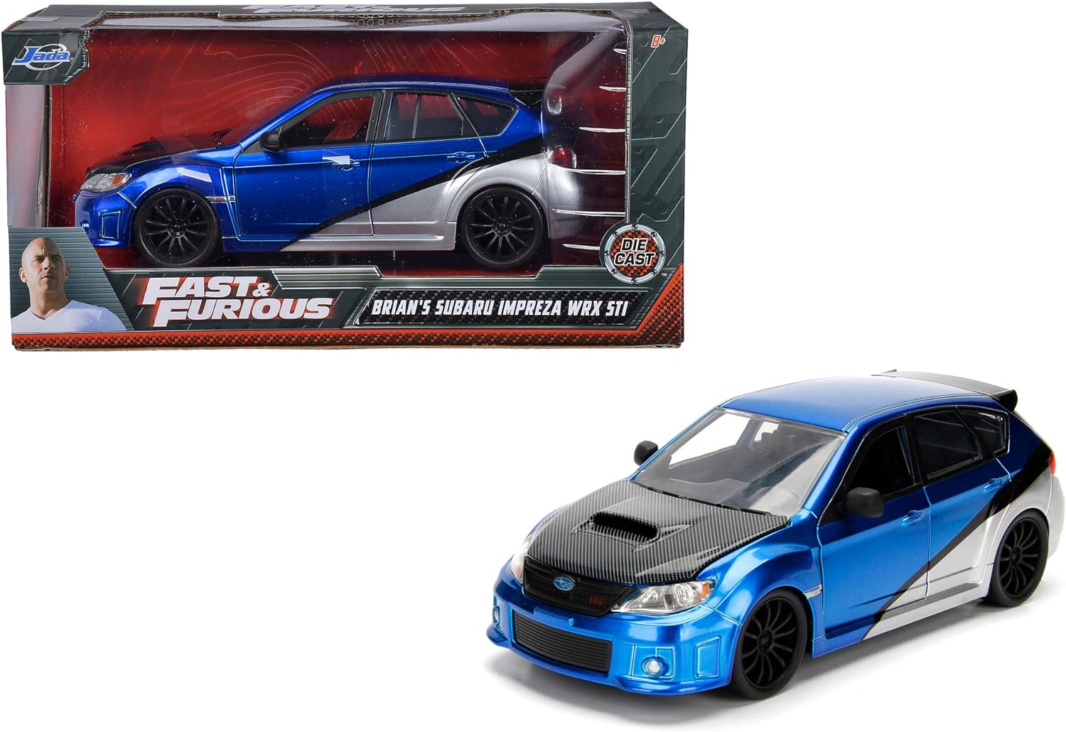 Jada Toys 99514 Fast & Furious Brian's 2012 Subaru Impreza WRX STI, auto, tuning-model in schaal 1:24, met spoiler, te openen deuren, motorkap en kofferbak, vrijloop, blauw