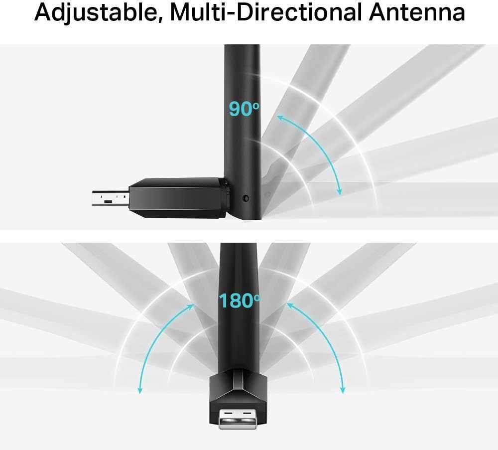 TP-Link AC600 High Gain USB Wi-Fi Dongle, Dual Band Wi-Fi Adapter with 5dBi Antenna for PC/Desktop/Laptop, Supports Windows11/10/8.1/8/7/XP, Mac OS X 10.9-10.14 (Archer T2U Plus
