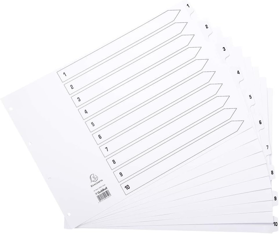 Exacompta - Ref MWD1-10A3Z - Mylar Printed Indices - For Use WithA3 Documents, Pre-Punched, 160gsm White Card with Reinforced Plastic Tabs, FSC-Certified - 10-Part Dividers (1-10