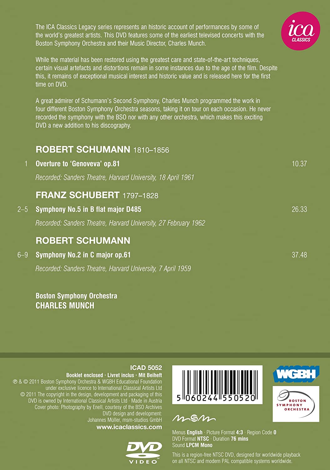 Schumann/ Schubert: Munch (Genoveva Overture/ Symphony No.2/ Symphony No.5) (Ica Classics: ICAD 5052)