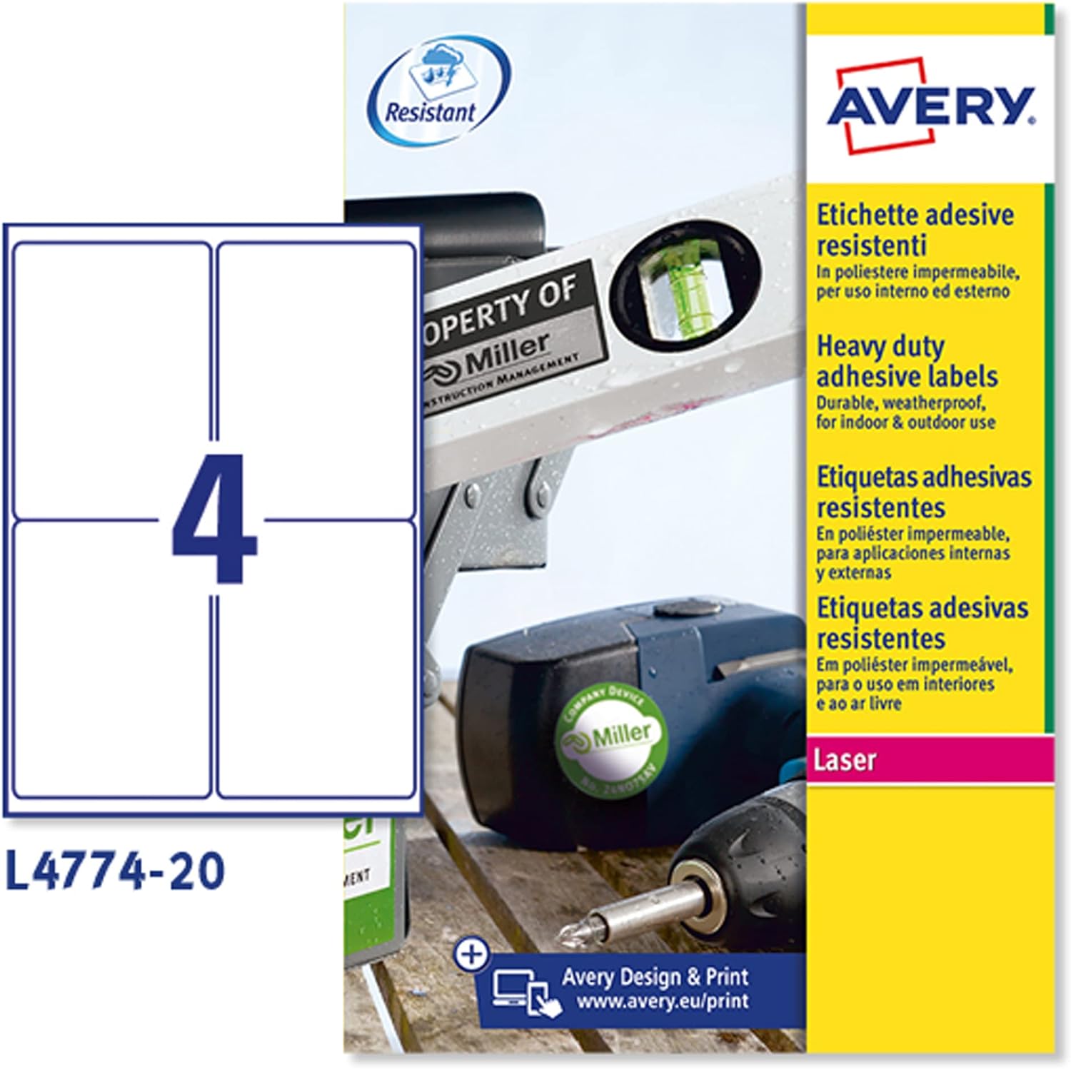 Avery L4774-20 Extra-Strong Adhesive Heavy Duty Weatherproof Labels, 4 Labels Per A4 Sheet