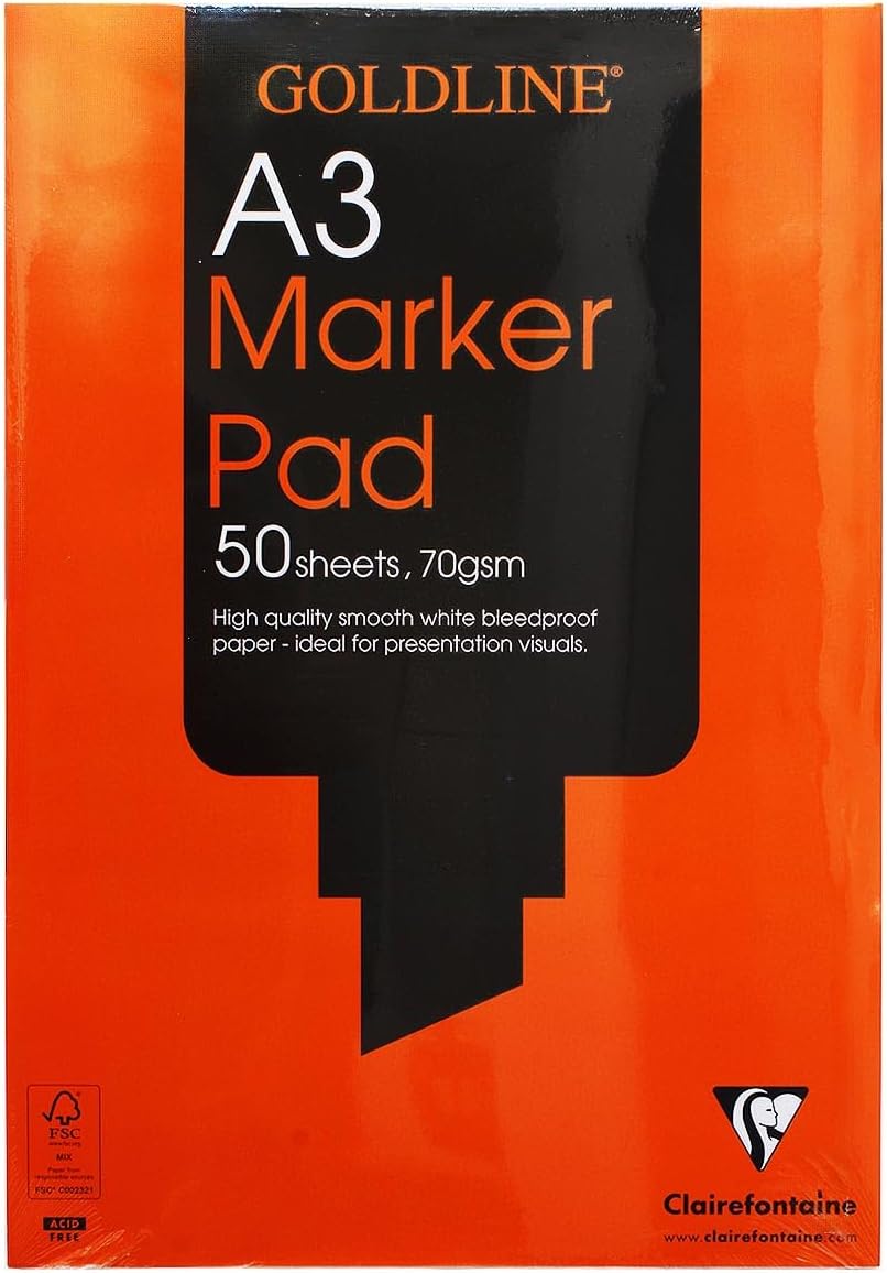 Clairefontaine - Ref GPB1A3Z - Goldline Bleed-Proof Marker Pad (Contains 50 Sheets) - A3 (420 x 297mm) in Size, 70gsm Smooth Paper, FSC-Certified, Glue Bound Top