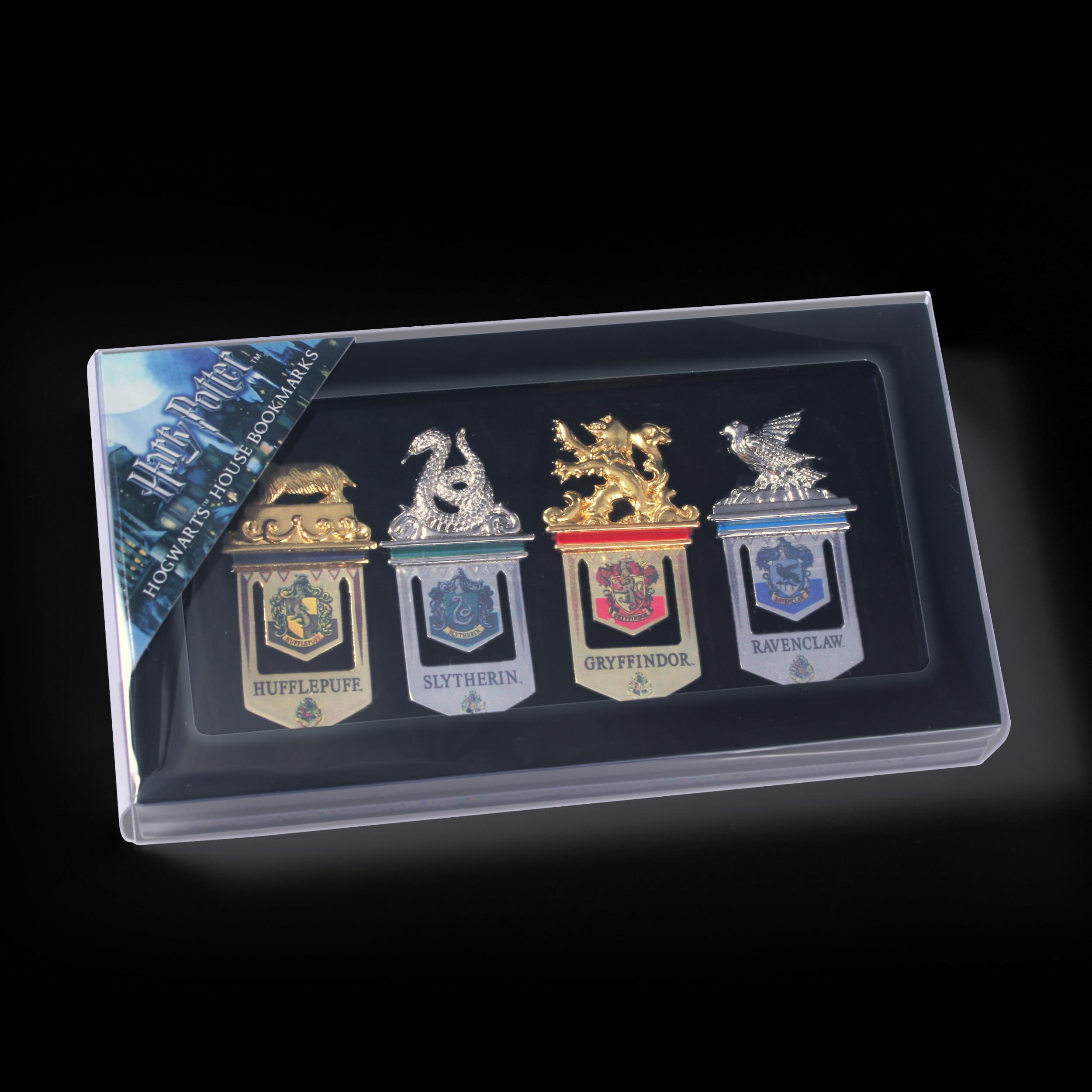 The Noble Collection Harry Potter Hogwarts Bookmarks - 6.3in (16cm) Display Set of 4 Metal Hogwarts House Bookmarks - Officially Licensed Film Set Movie Gifts Stationery Brown Display Case