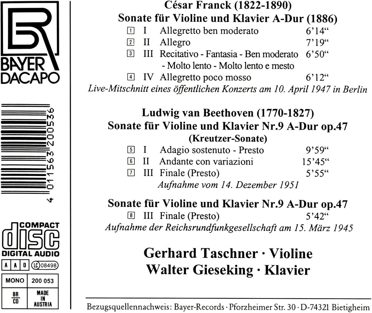 Taschner Spielt Franck und Beethoven (Aufnahmen 1945/1947/1951