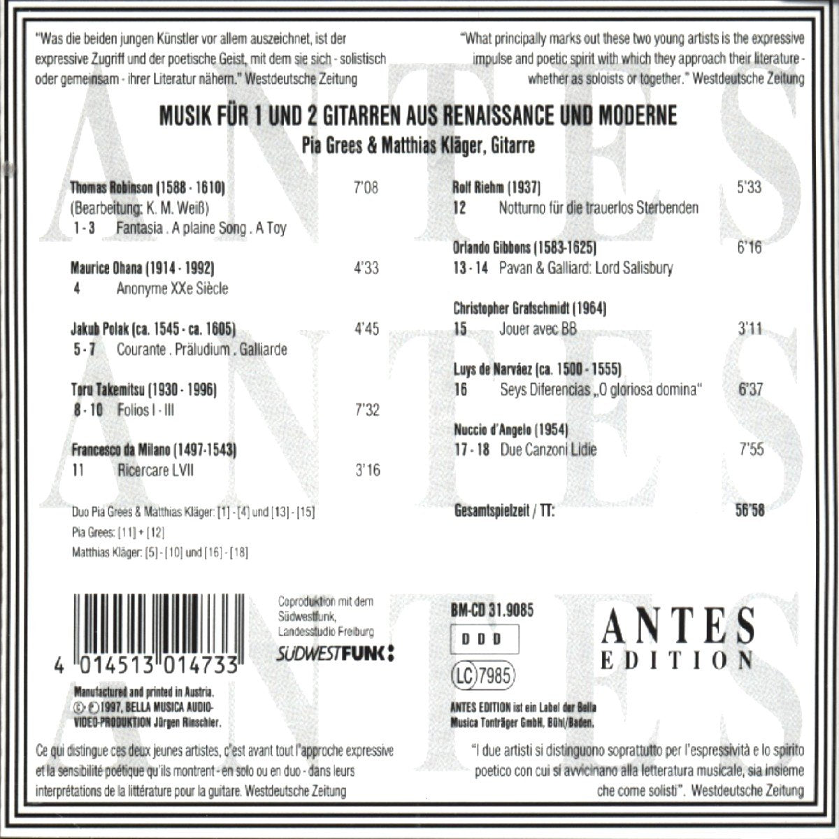 Music for 1 & 2 Guitars of Renaissance & Modern