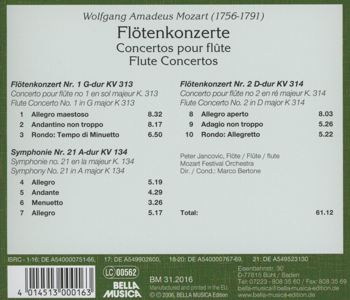 Flute Ctos No 1 in G Major / Sym No 21