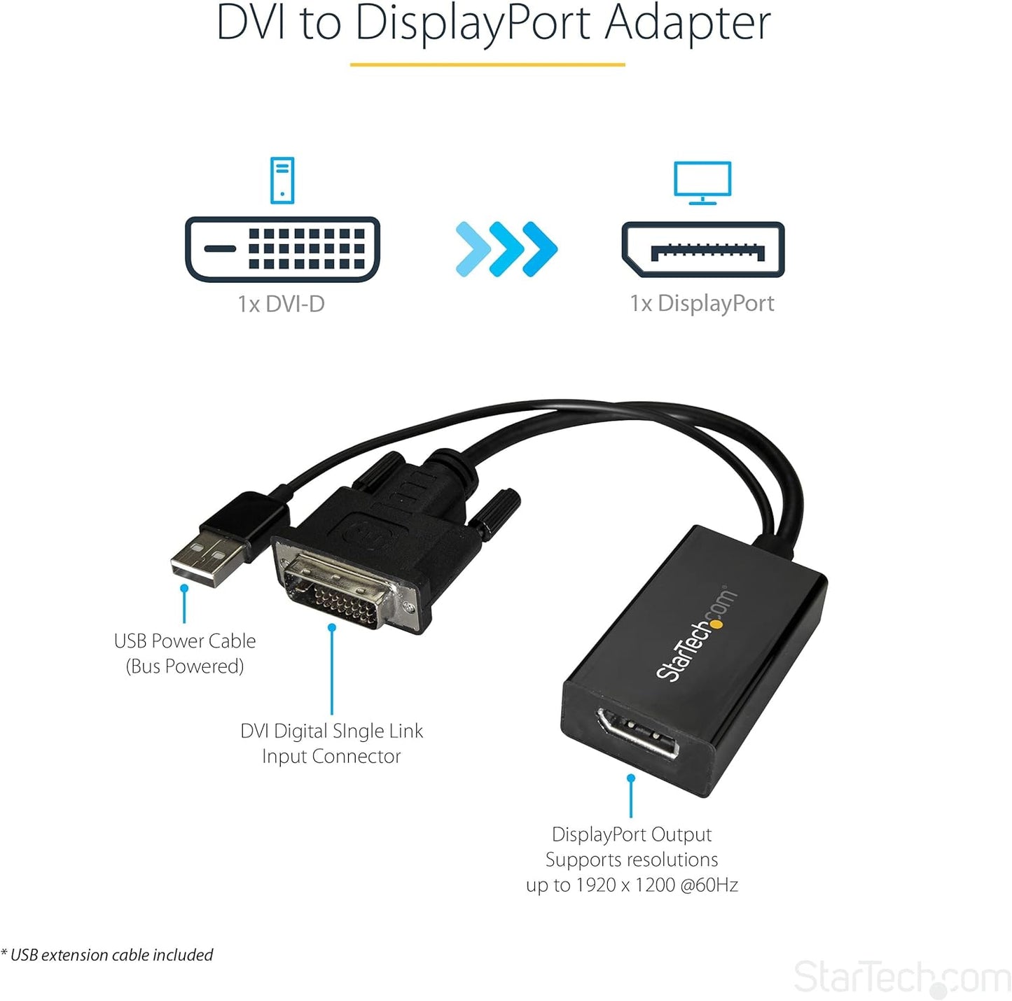 StarTech.com Adaptateur DVI vers DisplayPort - Alimentation USB - 1920 x 1200 - Convertisseur DVI vers DisplayPort - Adaptateur Vidéo - DVI-D vers DP (DVI2DP2