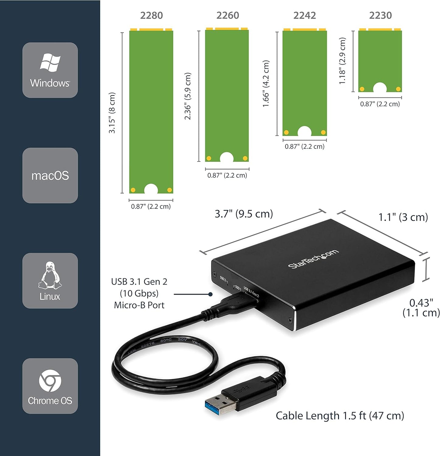 StarTech.com Dual-Slot Hard Drive Enclosure for M.2 SATA SSDs - USB 3.1 (10Gbps) - Aluminum - M.2 to SATA - Raid Drive Enclosure (SM22BU31C3R