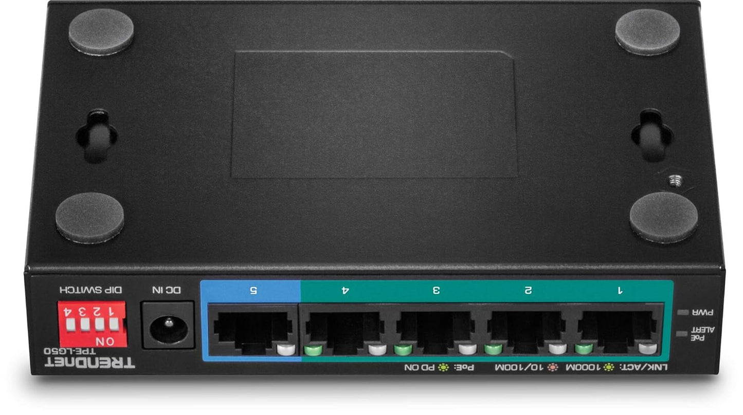 TRENDnet 5-Port Gigabit Long Range PoE+ Switch, TPE-LG50,4 x PoE+ Ports, 1 x Gigabit Port, Camera DIP Switch extends PoE+ 200 m (656 ft) 5-Port Long Range Gigabit PoE+