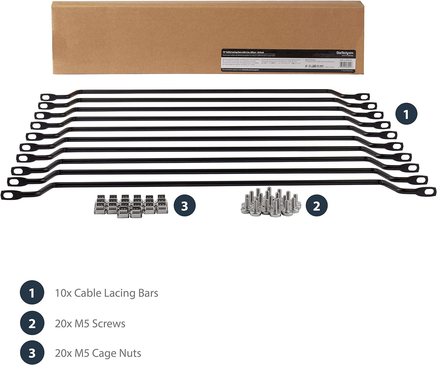 StarTech.com Horizontal Lacing Bar w/ 2 inch Offset at 75 Degrees- Server Rack Cable Management- 19" Network Rack-Mount Cord Organizer- 10pk (CMLB102