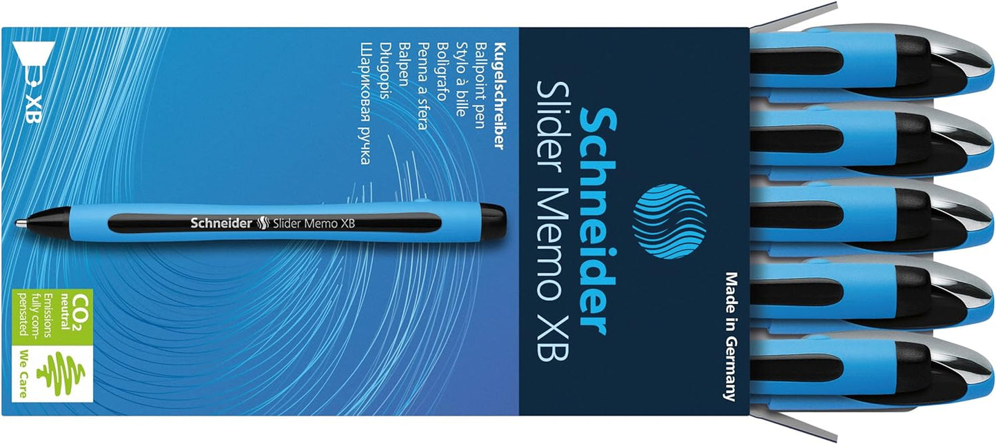 Schneider Slider Memo XB (Extra Broad) Ballpoint Pen, 1.4 mm, Light Blue Barrel, Black Ink, Box of 10 Pens (150201