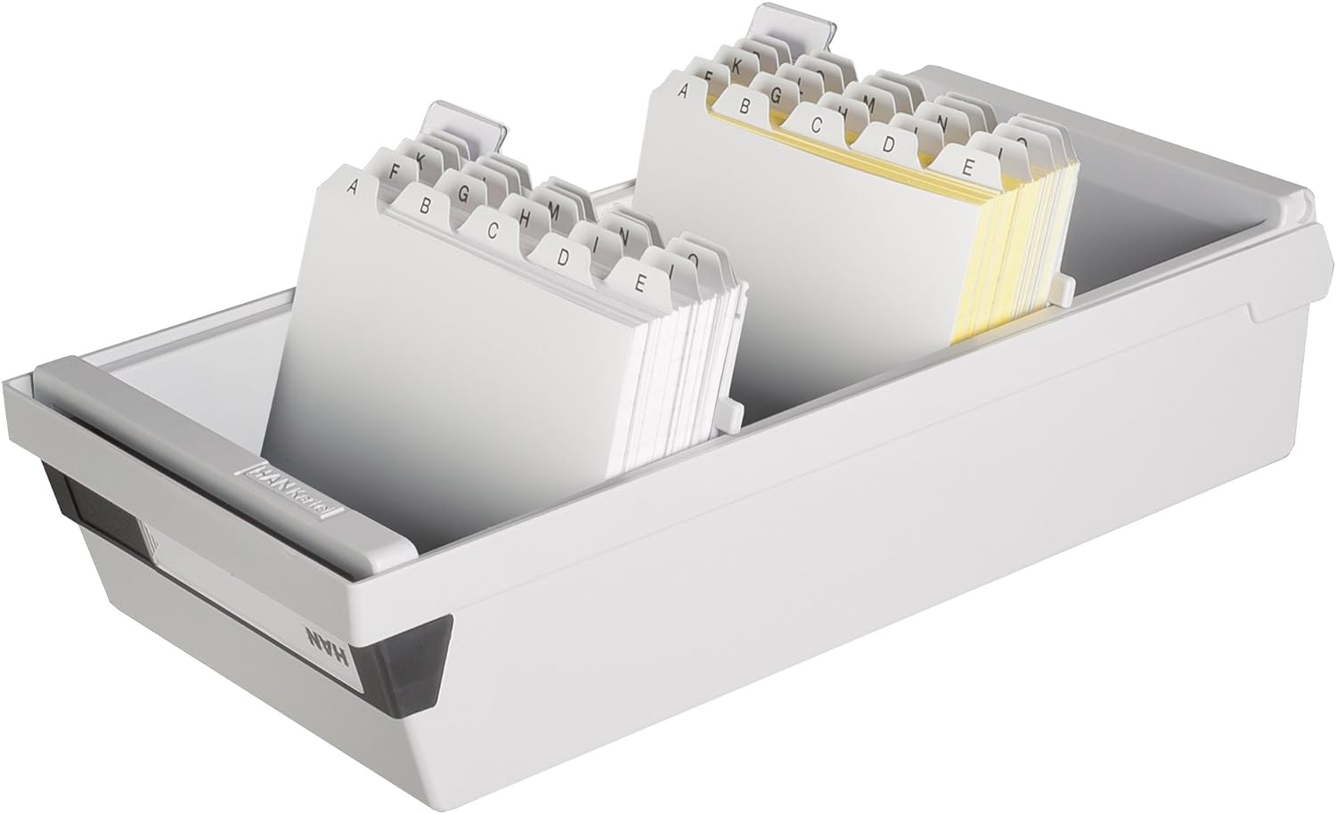 HAN Karteikasten A6 956-11 für 1.300 Karten, quer – Karteikartenbox in Lichtgrau mit großem Schriftfeld & inkl. 2 Stützplatten - simpel Ordnung halten & Register A - Z, DIN A6 quer, grau