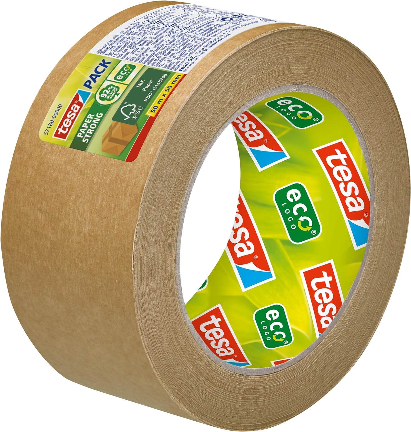 tesapack Paper ecoLogo - Environmentally Friendly Paper Packing Tape, 60 % Biobased Material - Brown - 50 m x 50 mm