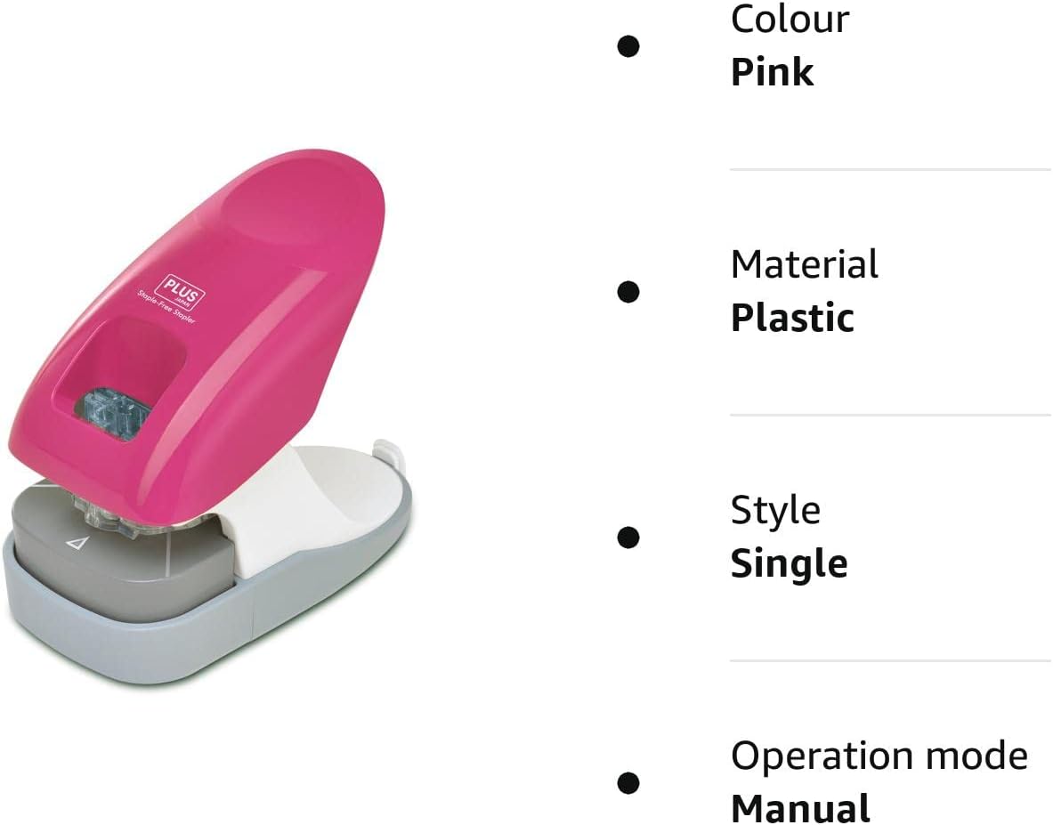 PLUS Japan, Staple-Free Stapler Desktop Model Pink, 10 sheet capacity, 1 piece pack (1 x 1 Stapler