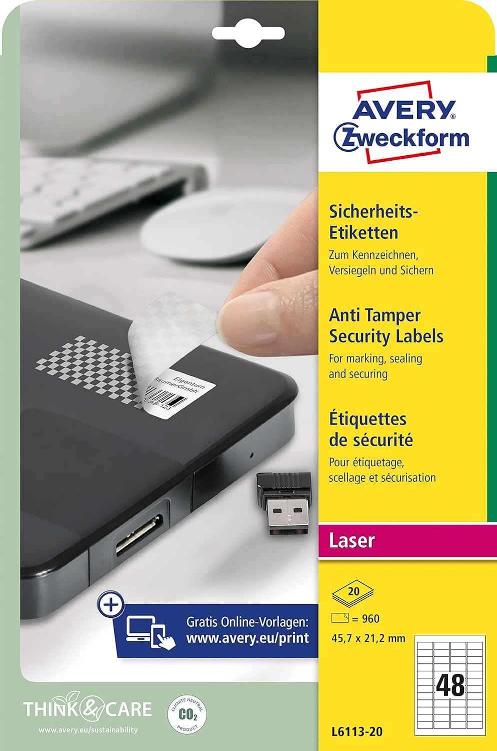 Avery Zweckform L6113-20 Anti-Tamper Security Labels 20 Sheets / 960 Labels / 45.7 x 21.2 mm White