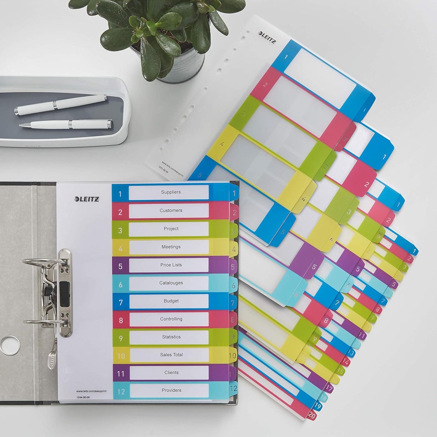 Leitz 1-20 Index, A4, PC Printable, Heavy Duty Plastic, Extra Wide, White/Multi-Coloured, WOW Range, 12450000