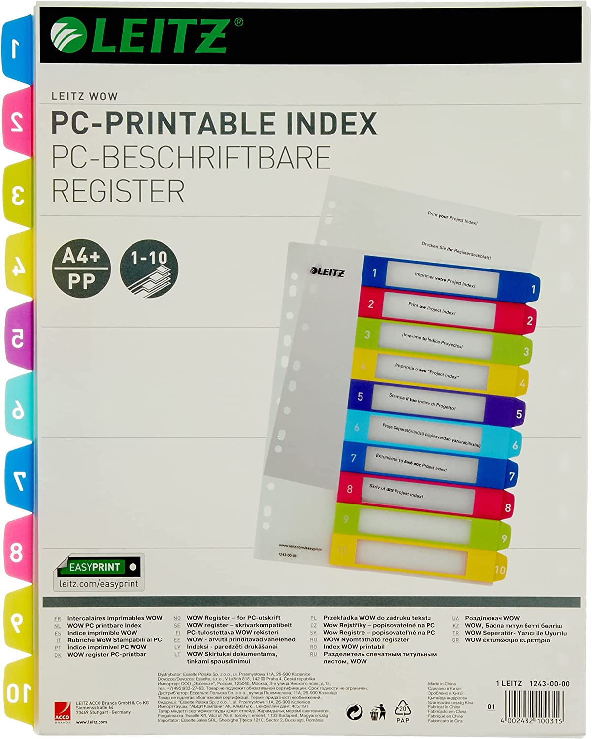 Leitz A4 12430000 Wow 1-10 Index, PC-Printable, Extra Wide, Heavy Duty Plastic, Multicoloured 1-10 Tabs
