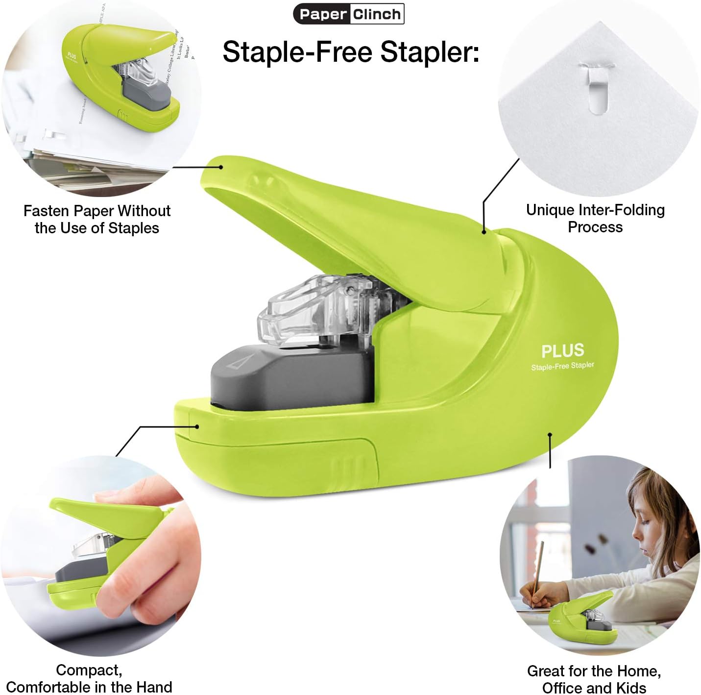 PLUS Japan, Staple-Free Stapler Green, 5 sheet capacity, 1 piece pack (1 x 1 stapler