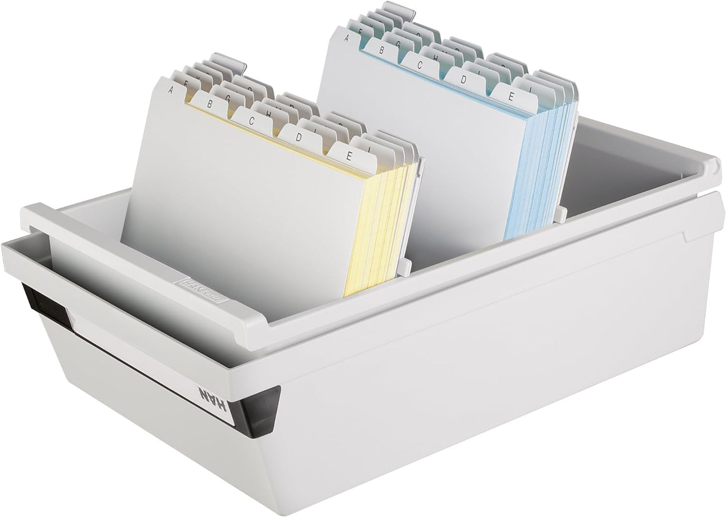 HAN 955-11, Card filing box A5 landscape. Innovative, attractive design holds 1,300 cards, readjustable lid supplied with large inscription label, light-grey