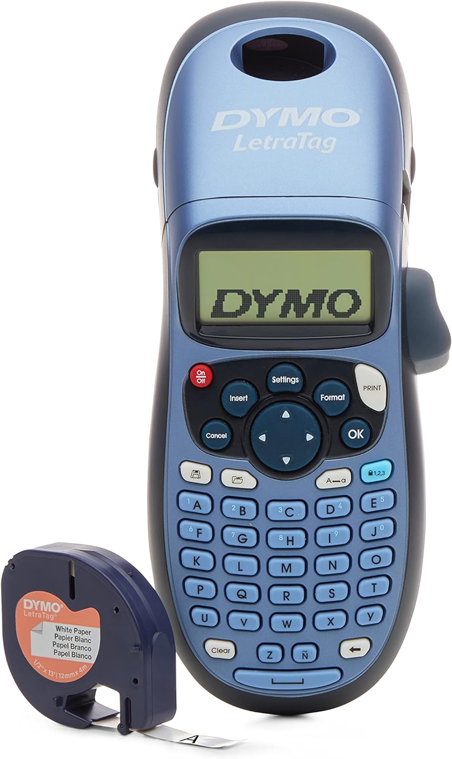 Dymo S0883990 LetraTag Handheld Label Maker, ABC Keyboard Label Printer with Easy-to-Use, 13 Character LCD Screen, for Home or Office, Blue, LT-100H, Uk Version