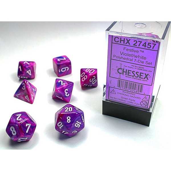 Chessex Chx27457 Dice-Festive Violet/White Set, Yellow, Large (18mm - 25mm