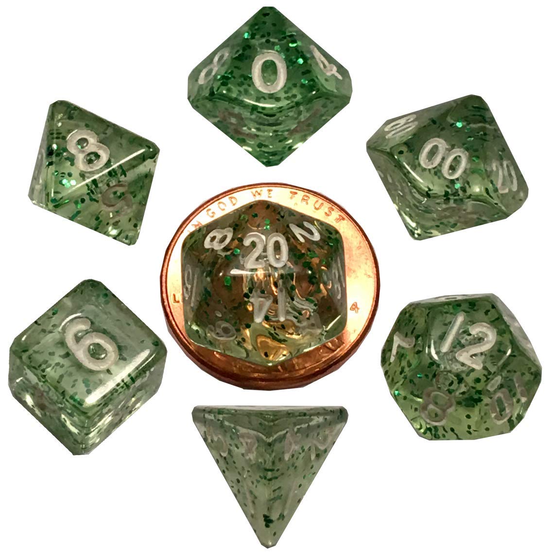 Green Ethereal Resin Dice with White Numbers 10mm (3/8in) 7-Dice Set Metallic Dice Games