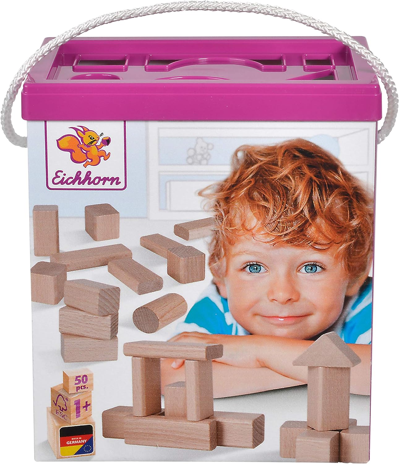 Eichhorn 100050141 50 naturfarbene Holzbausteine in Aufbewahrungsbox mit Sortierdeckel, FSC 1 zertifiziertes Buchenholz, Motorikspielzeug geeignet für Kinder ab 1 Jahr
