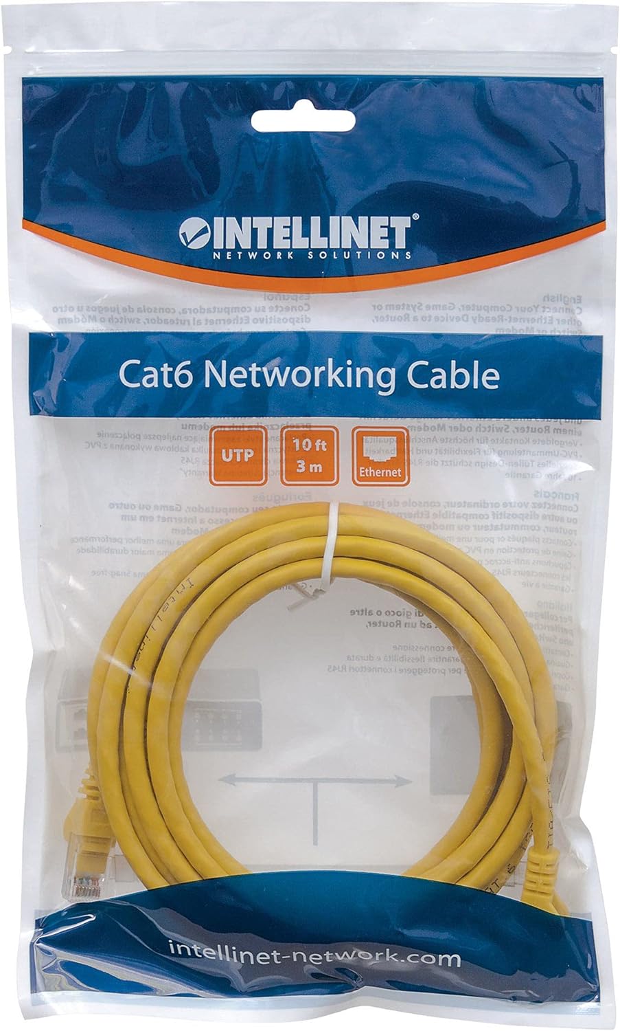 Intellinet Network Patch Cable, Cat5e, 3m, Yellow, CCA, U/UTP, PVC, RJ45, Gold Plated Contacts, Snagless, Booted, Polybag 3 m Cat5e, U/UTP, CCA Yellow
